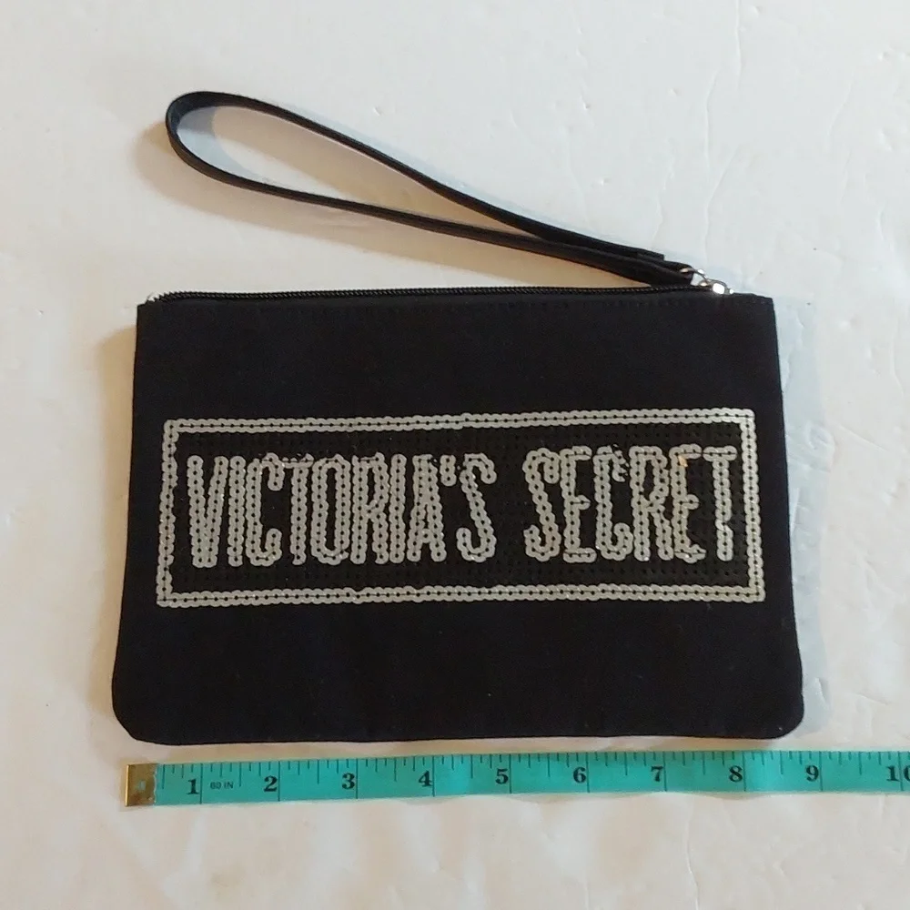 Victoria's Secret Black Silver Sequin Zip pouch Wristlet